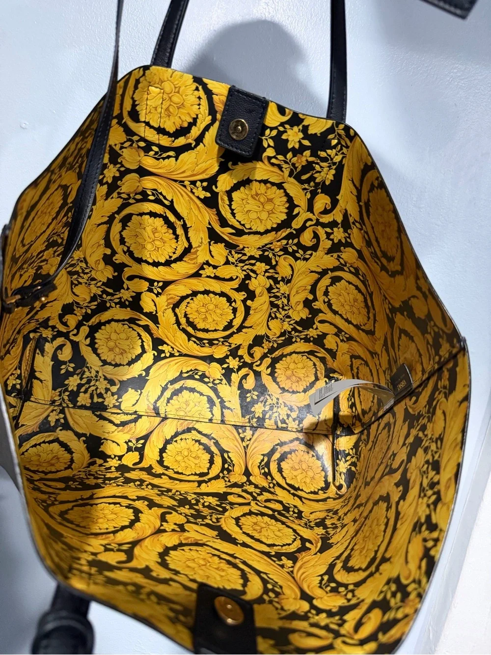 Versace Black Leather Tote Bag with Signature Yellow Print Lining - Picture 3 of 5
